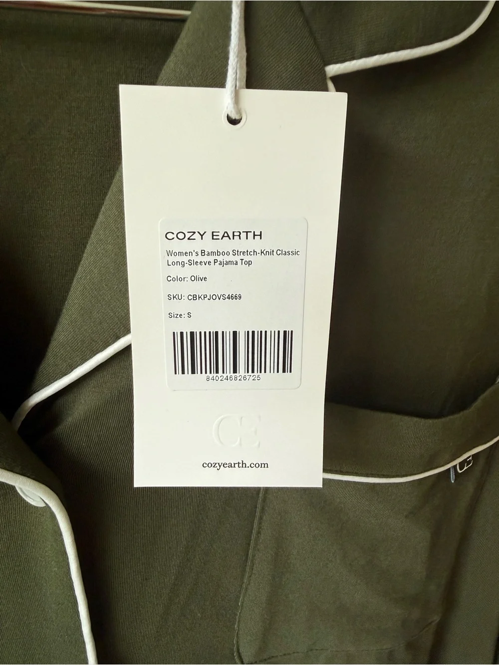 Cozy Earth Bamboo Stretch-Knit Long Sleeve Pajama Top in Olive - Size S - NWT - Picture 2 of 3